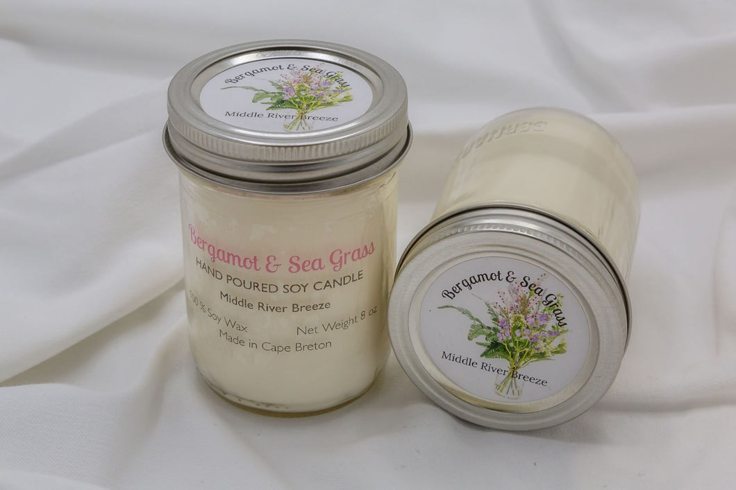 8 oz Mason Jar Soy Wax Candle-Bergamot & Sea Grass Scent