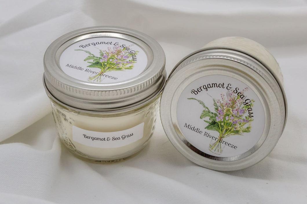 4 oz Mason Jar Soy Wax Candle-Bergamot & Sea Grass Scent