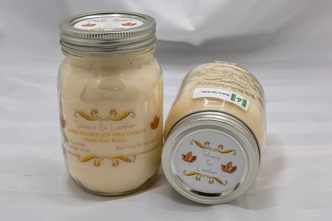 16 oz Mason Jar Soy Wax Candle-Tobacco & Leather