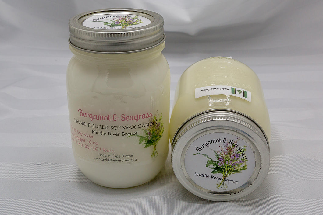 16 oz Mason Jar Soy Wax Candle-Bergamot & Sea Grass Scent