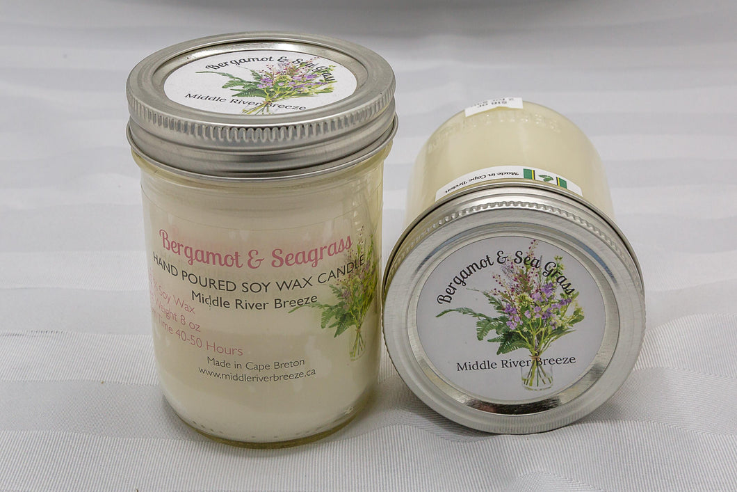 8 oz Mason Jar Soy Wax Candle-Bergamot & Sea Grass Scent