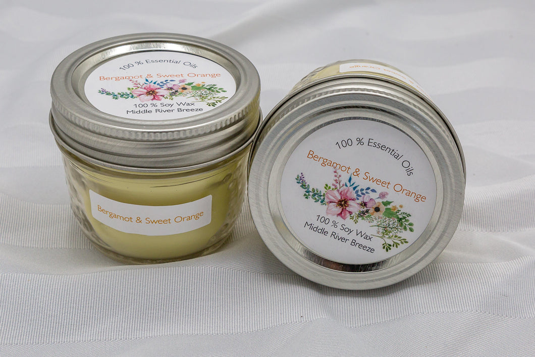 4 oz Mason Jar Soy Wax Candle-Bergamot & Sweet Orange Essential Oils